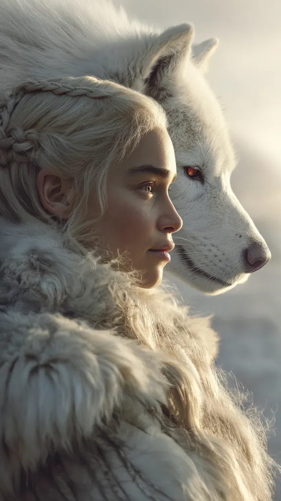 A captivating portrait of Daenerys Targaryen, from Game of Thrones,  profiled alongside a majestic white direwolf.  Her blonde braid is visible, and she's enveloped in a thick, fluffy, white fur garment. The wolf's intense red eye is partially visible, adding a mystical quality to the image. The soft lighting and muted tones create a serene yet powerful atmosphere.