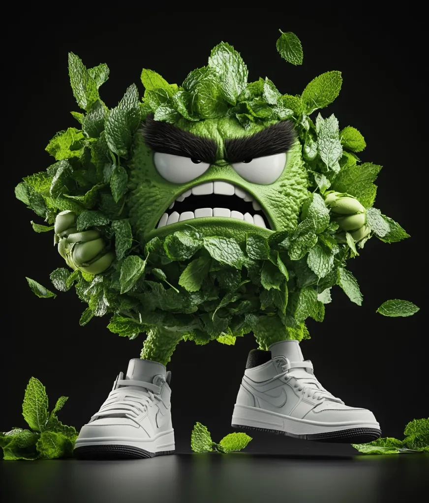 A 3D-rendered image depicts an anthropomorphic mint-leaf creature with a furious expression.  Its face is a textured, green orb, adorned with bushy mint leaves.  Dark eyebrows emphasize its anger.  The creature wears white sneakers, adding a whimsical contrast to its aggressive demeanor.  The background is black, highlighting the vibrant green of the mint.  Falling leaves surround the character, enhancing the dynamic feel of the image.