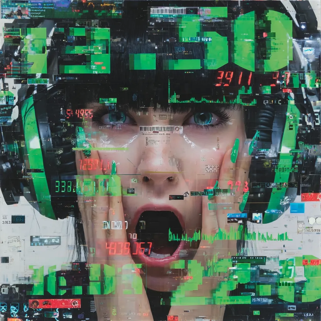 A digital painting depicts a young woman with black hair and bright blue eyes, wearing large green headphones.  Her face is fragmented and overlaid with a chaotic array of green digital data streams, numbers, and glitches. Her mouth is open in a surprised or shocked expression, hands raised to her face. The overall effect is one of technological overload and a sense of overwhelming information.