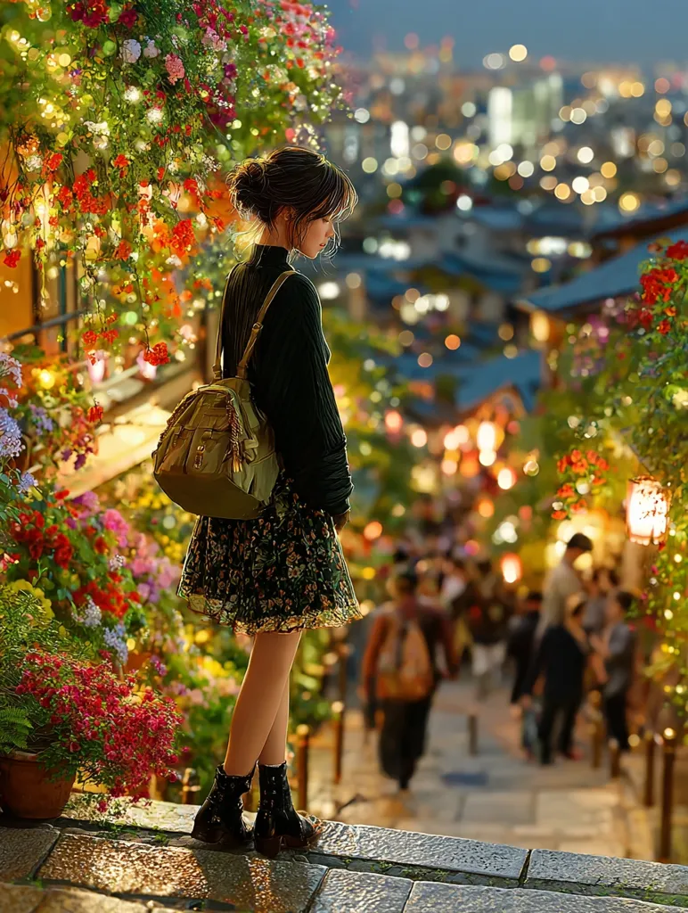 A young woman with a backpack stands on a stone step, gazing down at a bustling, brightly lit city street below.  She wears a dark dress and boots, her dark hair pulled back. Lush flowering plants frame her on one side, creating a contrast between the serenity of her posture and the vibrant, busy atmosphere of the city. The scene is evocative of a romantic, slightly melancholic mood.
