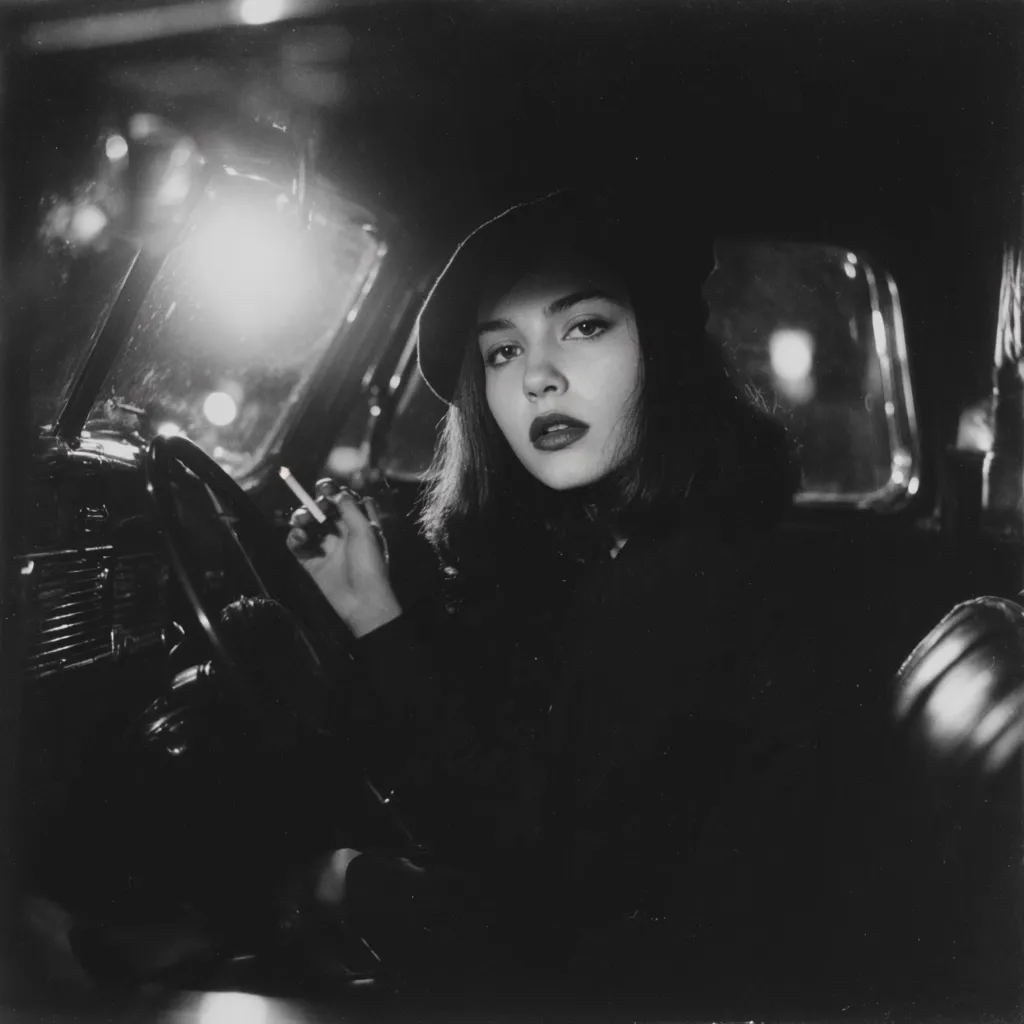 A black and white, film-noir style photograph depicts a young woman sitting in a vintage car at night.  She wears a dark beret and coat, her expression serious.  A cigarette is held delicately in her hand.  City lights blur in the background, creating a moody atmosphere.  The image evokes a sense of mystery and classic Hollywood glamour.