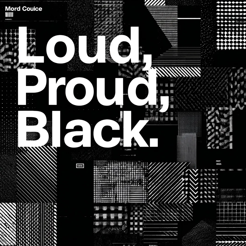 The image features the phrase "Loud, Proud, Black." in bold, white sans-serif font against a black background.  The background is a collage of various black and white geometric patterns and textures, creating a visually striking and dynamic design. The overall aesthetic is bold, graphic, and impactful.  The artist's name, Mord Couice, appears in the top left corner.