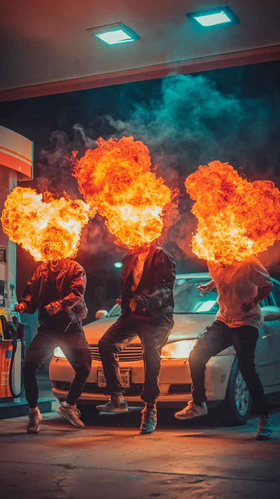 Three figures, their heads engulfed in fiery bursts, stand before a car at a gas station at night.  The scene is dramatically lit, with vibrant oranges and blues contrasting the dark surroundings.  The individuals are dressed in dark clothing, their poses dynamic against the smoky backdrop.  The overall image is striking and surreal, blending elements of danger and performance art.