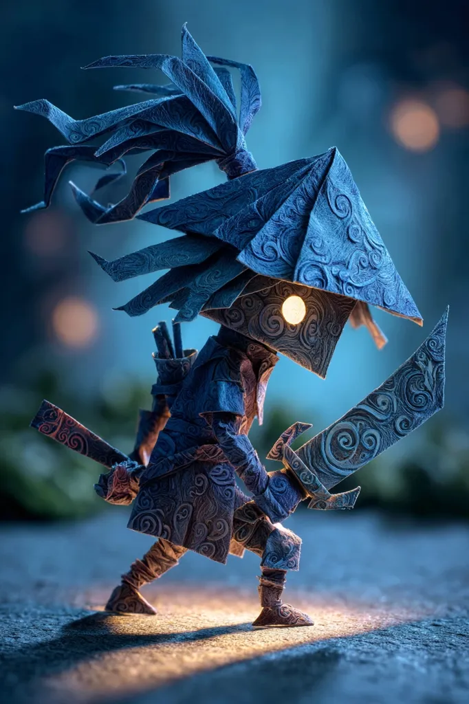 A meticulously crafted origami figure, possibly a samurai, stands poised in a dimly lit setting.  The intricate blue paper design features swirling patterns, and the figure wields two swords.  A soft light emanates from within its hooded head, creating a dramatic and mystical atmosphere. The artwork showcases exceptional skill in origami and artistic lighting.