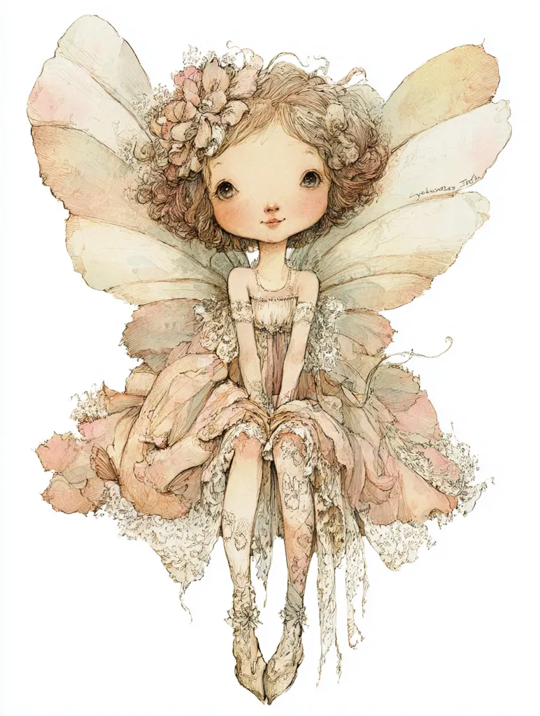 A delicate fairy, with large eyes and rosy cheeks, sits serenely.  She wears a pale pink dress adorned with lace, and her wings, translucent and large, resemble delicate butterfly wings.  Her curly brown hair is decorated with a floral crown. The overall style is whimsical and ethereal, rendered in soft, muted tones.