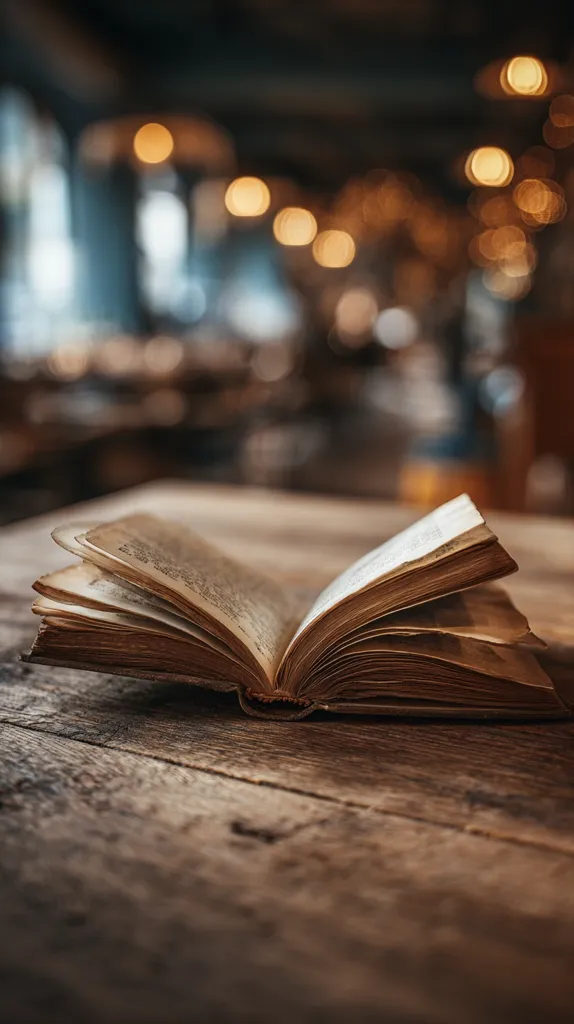 An open antique book rests on a rustic wooden table.  The pages are aged and slightly yellowed. The background is a softly blurred image of a dimly lit interior space with warm, bokeh-like lights, suggesting a cozy, perhaps cafe-like atmosphere. The focus is sharply on the book, creating a tranquil and inviting scene.