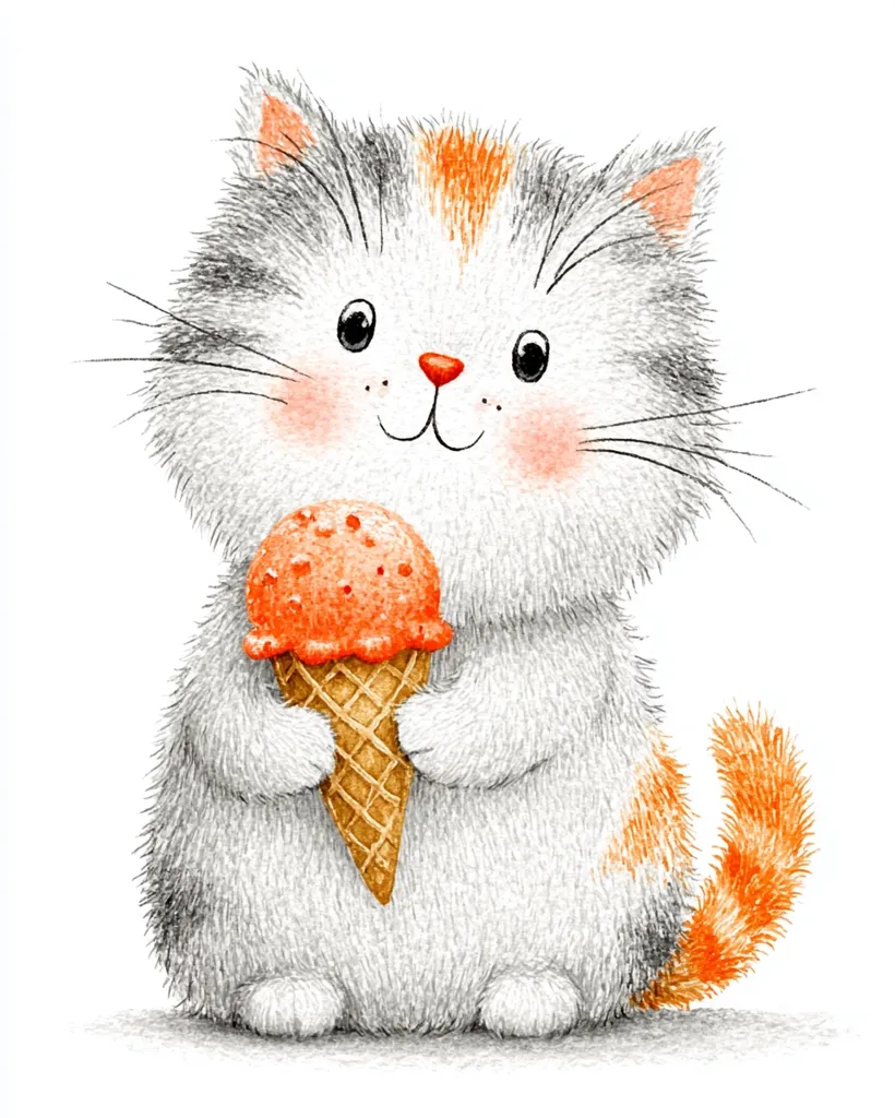 An adorable cartoon kitten, predominantly white with gray and orange patches, holds a cone of strawberry ice cream.  Its fluffy texture is evident, and its large, expressive eyes and happy expression add to its charm.  The kitten's orange tail is curled behind it, completing the sweet and endearing image.