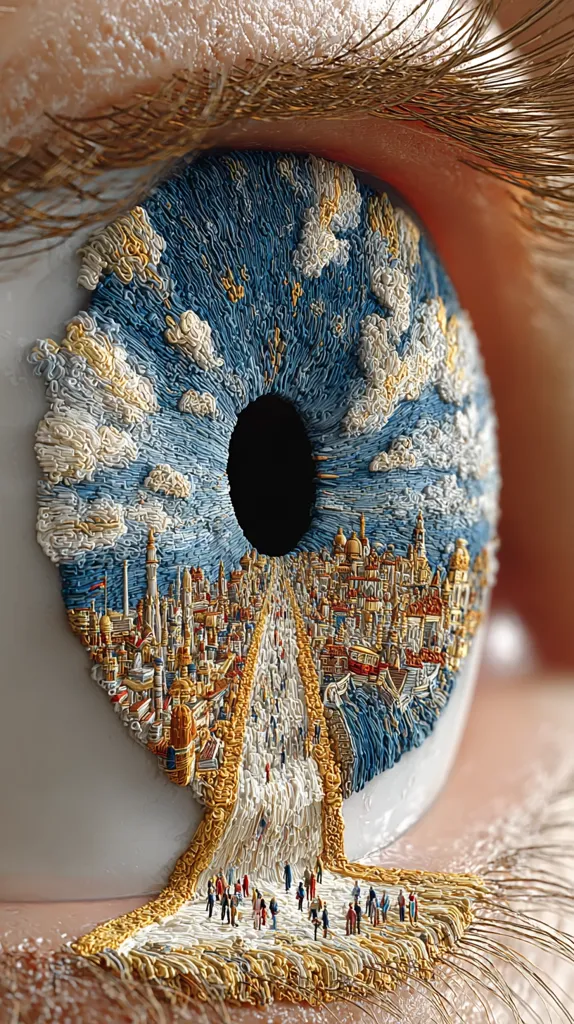 A close-up image reveals an eye intricately embroidered with a cityscape. The style mimics Van Gogh's "Starry Night," with swirling blues and golds forming the sky and a detailed city scene.  A path, teeming with miniature figures, flows from the city, cascading down the eyelid like a golden river. The realism is striking, creating a surreal and captivating visual.