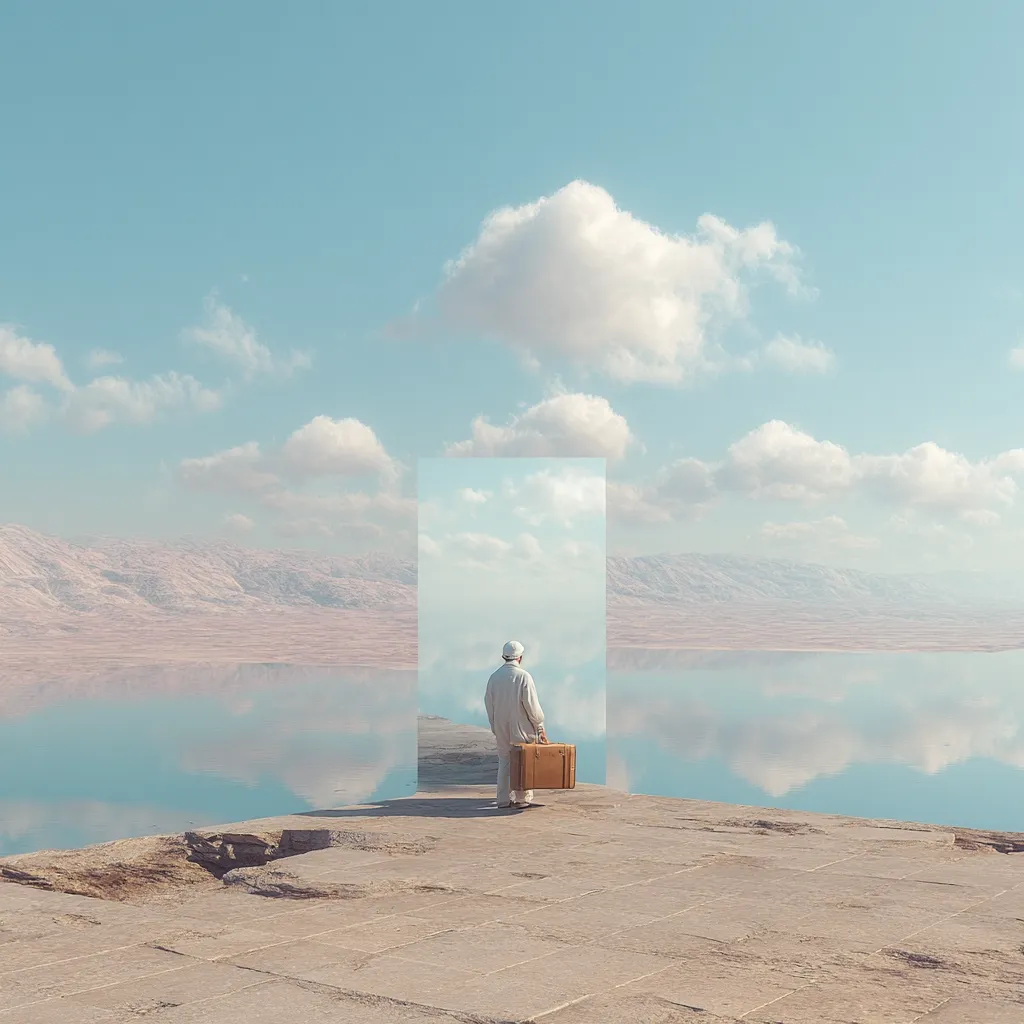A lone figure, dressed in white, stands before a rectangular portal.  They hold a vintage suitcase, facing a tranquil, reflective body of water mirroring a serene desert landscape under a pale sky. The scene evokes a sense of journey, contemplation, and transition to an unknown destination.  The image's muted tones and minimalist composition enhance the feeling of serenity and mystery.