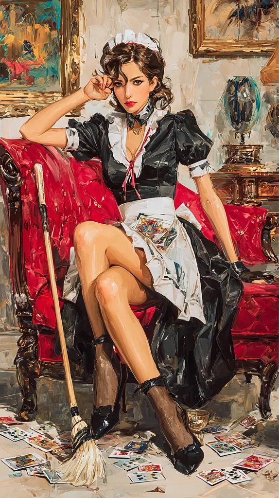 A young woman, dressed as a maid in a black and white uniform, sits on a red velvet chaise lounge.  She's elegantly posed, one hand resting on her head, the other near a scattered deck of cards on the floor. A broom leans against the furniture, adding to the scene's rich detail and slightly melancholic atmosphere. The setting is opulent, suggesting a wealthy household.  Her expression is pensive, adding a layer of mystery to the image.