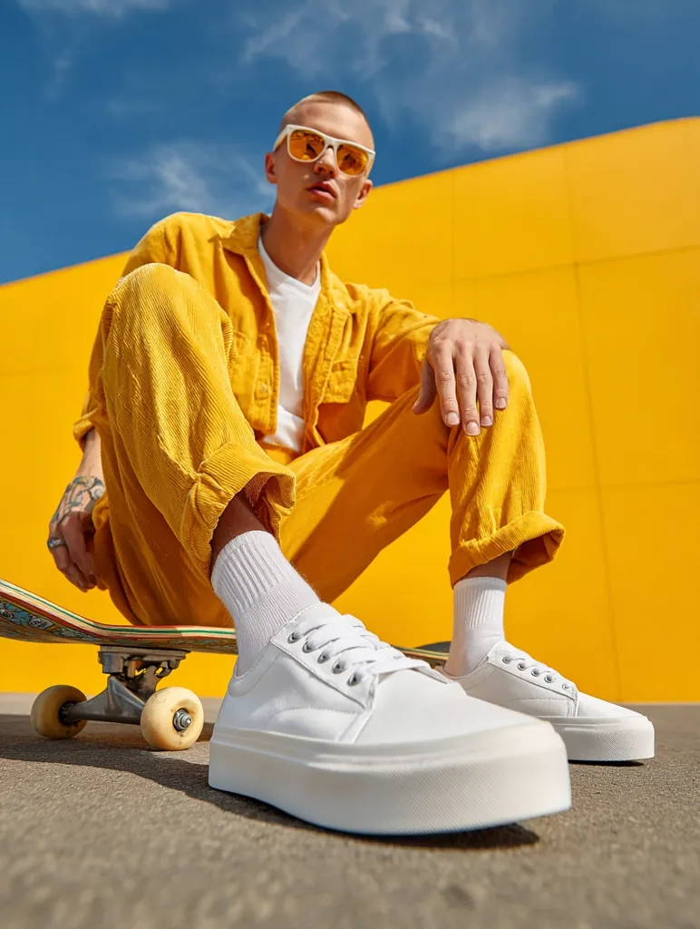 A young man in a mustard yellow corduroy jumpsuit sits on a skateboard against a bright yellow wall. He wears white sneakers and sunglasses.  The scene is vibrant and sunny, showcasing a casual, stylish look.  The man's posture is relaxed, and his expression is calm and confident.