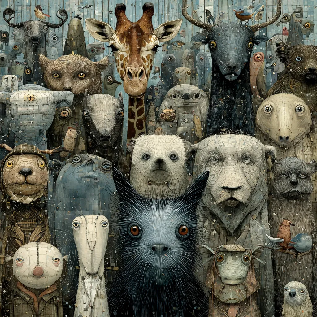 A mosaic-style artwork depicts a large gathering of diverse animals.  A giraffe stands prominently in the center, surrounded by various creatures including bears, dogs, cats, a goat, and birds.  The animals are rendered in a textured, almost stone-like, style with muted colors. Snow falls gently, adding to the scene's whimsical and slightly melancholic atmosphere. The overall effect is one of quiet observation within a fantastical menagerie.