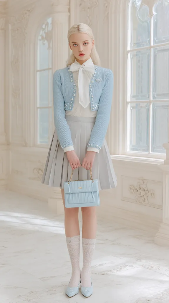 A young blonde woman stands in a light-filled room, elegantly dressed in a light blue knitted cardigan, a gray pleated skirt, and a white blouse.  She carries a light blue handbag and wears delicate white socks and matching light blue shoes. The overall aesthetic is pastel and sophisticated, reminiscent of classic feminine style. The background features ornate white molding and large windows.