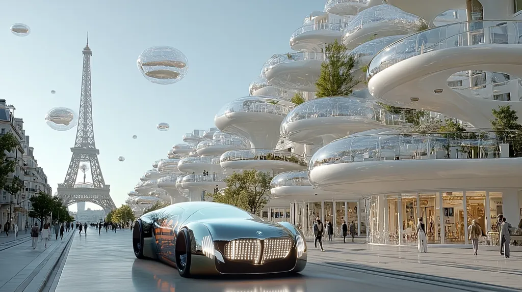 A futuristic scene unfolds in Paris, with the Eiffel Tower in the background.  A sleek, silver car dominates the foreground, parked on a wide, pedestrian-friendly street.  Unique, biomorphic architecture lines the street, featuring bulbous, transparent structures with balconies and greenery.  Floating orbs add to the surreal, technologically advanced atmosphere.  People stroll leisurely along the sidewalks, creating a peaceful yet visionary urban environment.