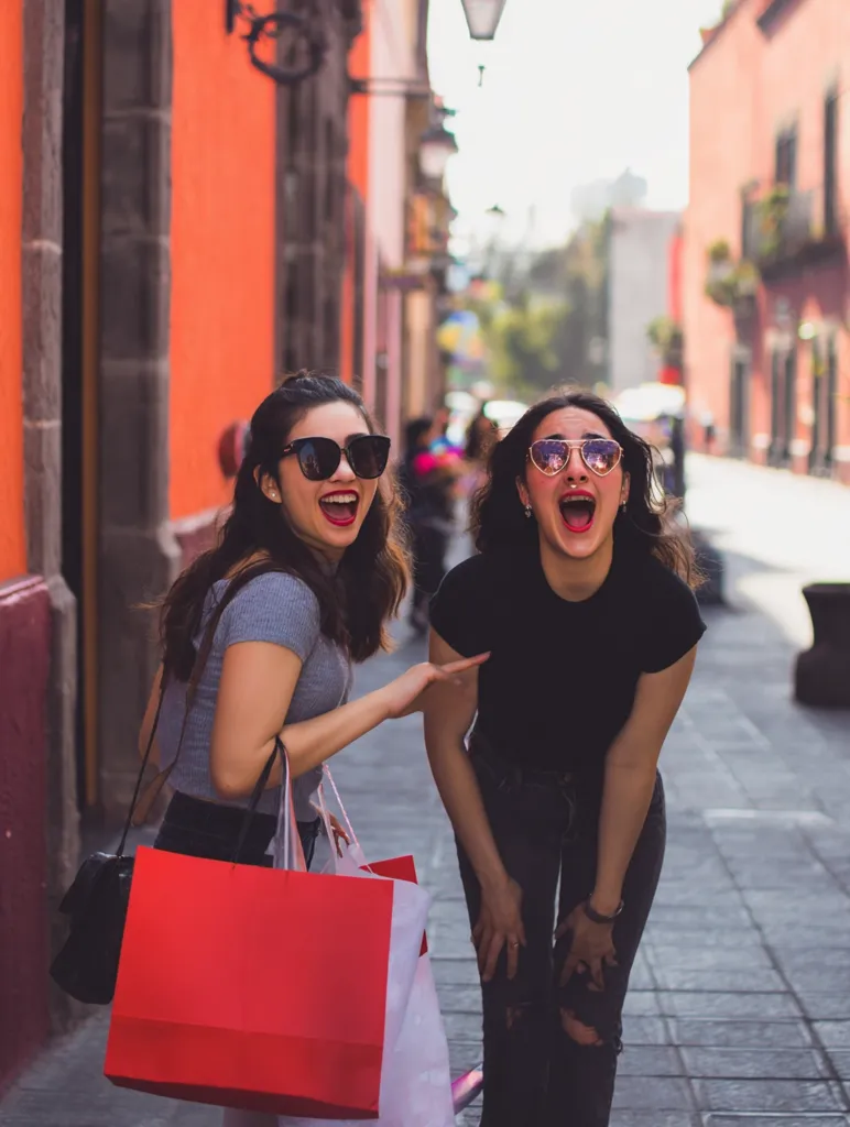 Two stylish women, wearing sunglasses, stroll down a vibrant orange-walled street.  They carry bright red and white shopping bags, radiating excitement and joy.  The background suggests a bustling city atmosphere, adding to the overall feeling of a fun shopping trip. One woman points playfully, emphasizing their shared experience.