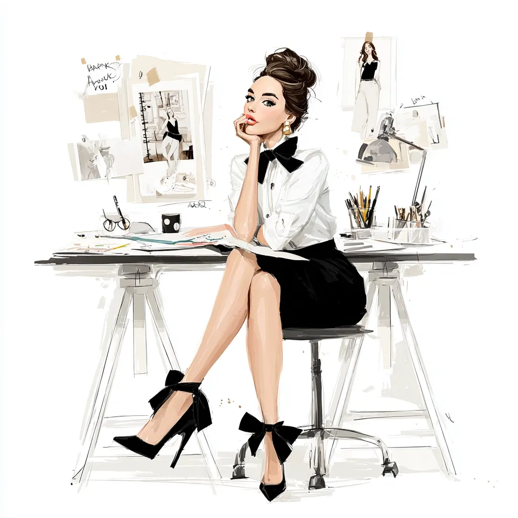 A stylish woman with a chic updo sits at a desk, her hand resting on her chin. She's dressed in a white shirt, black skirt, and elegant black heels with bows.  The desk is cluttered with art supplies and design sketches, suggesting a creative profession.  Fashion illustrations adorn the wall, adding to the artistic atmosphere. The overall style is sophisticated and fashion-forward.