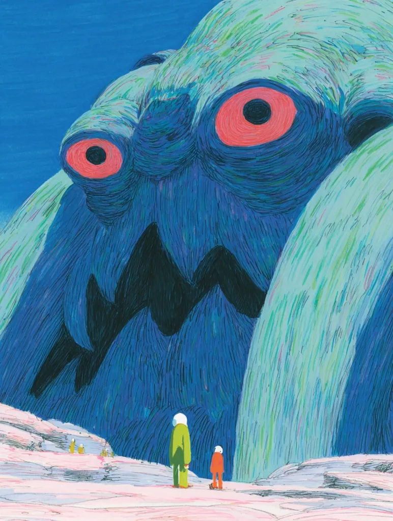 A vibrant illustration depicts a colossal, monstrous creature looming over two small figures. The creature's enormous, expressive eyes are a striking crimson against its predominantly teal and blue body, which is rendered with textured strokes. The figures, clad in simple clothing, appear dwarfed by the immense being, creating a sense of awe and potential danger. The artwork's style is reminiscent of children's book illustrations, yet carries a subtle undertone of unease.