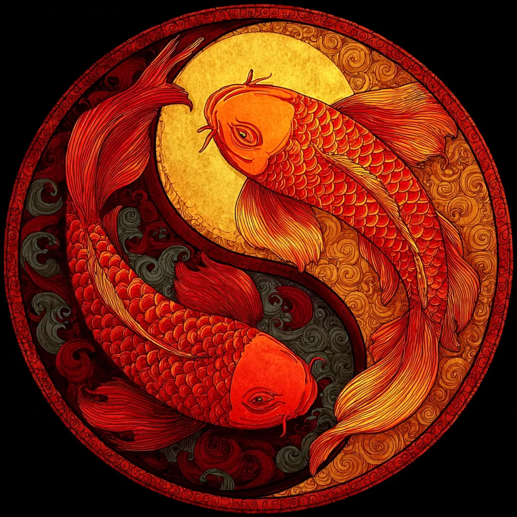 A circular artwork depicts two vibrant red koi fish, intricately detailed, swimming in a yin-yang symbol.  The fish are rendered in warm, fiery tones against a background of swirling water patterns and textured gold and dark grey. The circular frame features ornate detailing, enhancing the artwork's artistic and symbolic nature. The overall style blends traditional Asian art with a modern aesthetic.