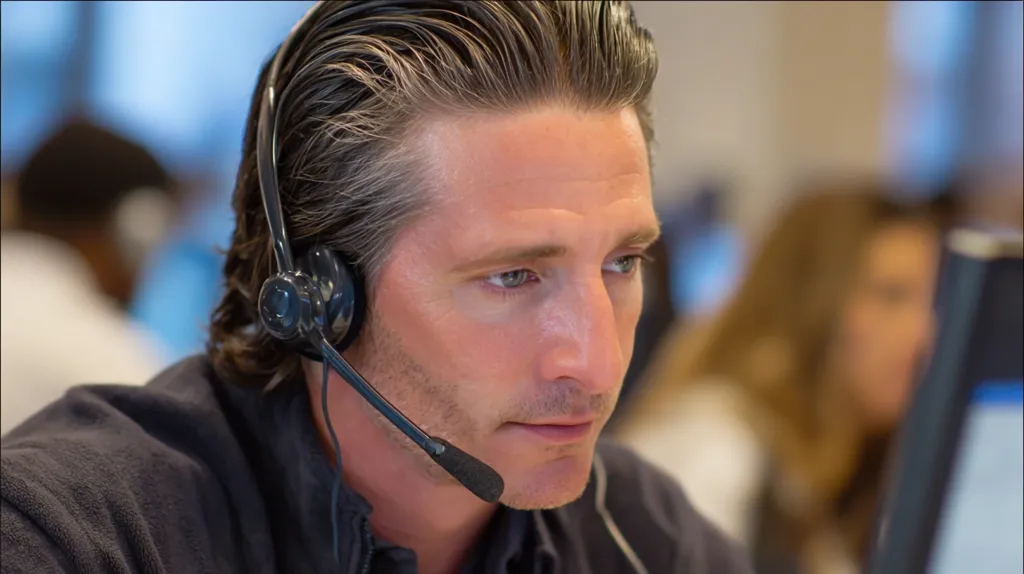 Close-up of a man wearing a headset, likely in a customer service or call center setting.  He has short, dark hair with graying temples and appears focused on a task.  The background is blurred, showing other individuals in a busy office environment.  The image conveys a sense of professionalism and concentration.