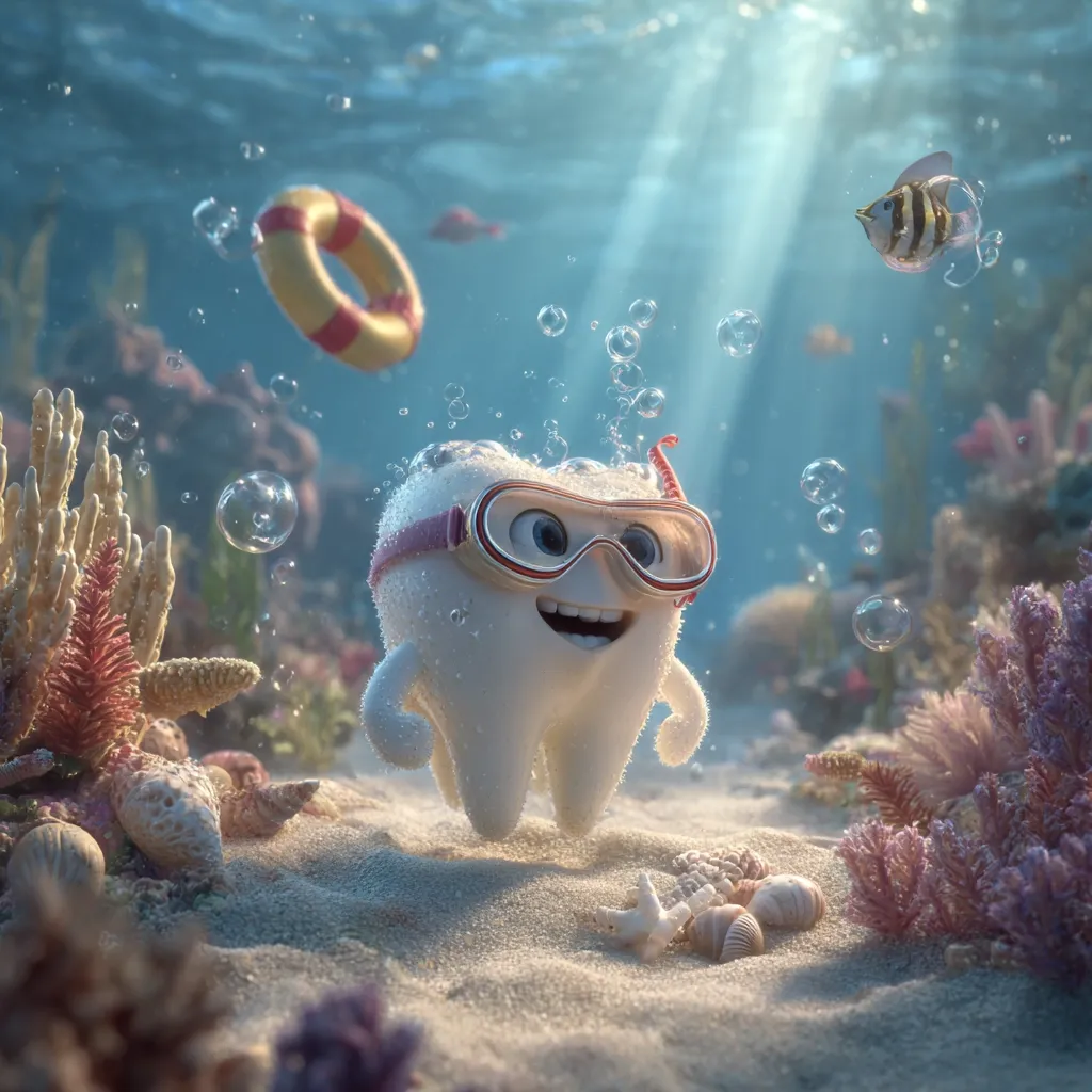 A cheerful cartoon tooth, wearing goggles and a snorkel, swims underwater.  Bubbles surround it as it explores a vibrant coral reef scene.  A life ring floats nearby, and colorful fish are visible in the background.  Seashells and starfish rest on the sandy ocean floor.  The overall mood is playful and fun.