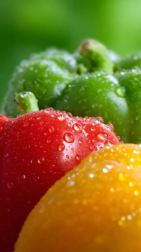 Close-up view of three bell peppers:  a vibrant red, a sunny yellow, and a deep green.  Each pepper is glistening with water droplets, highlighting their fresh, juicy texture.  The blurred green background suggests an outdoor setting.  The image focuses on the colors and textures of the peppers, creating a visually appealing and appetizing composition.