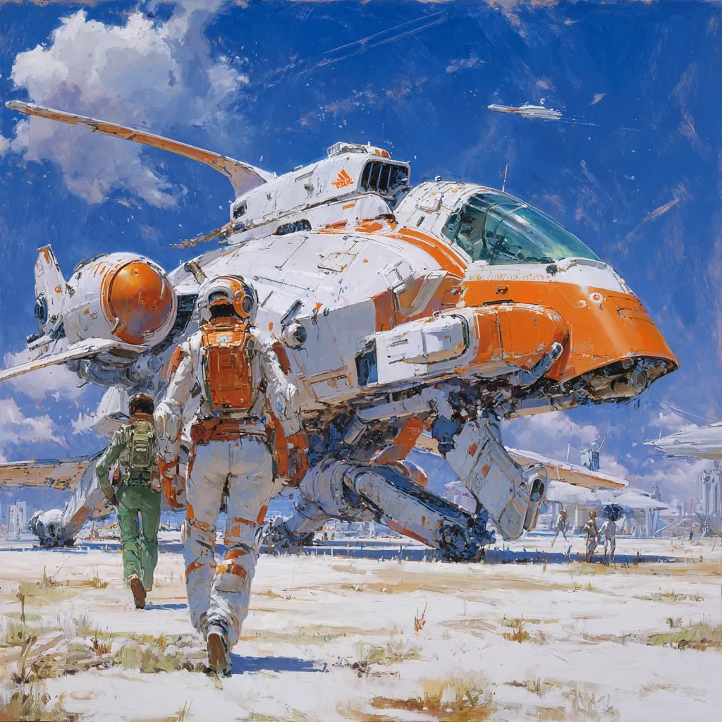 A vibrant painting depicts two astronauts in orange and white suits walking away from a large, futuristic spacecraft. The spacecraft, predominantly white and orange, has a bulky, legged design, suggesting it can traverse various terrains.  The background features a desolate, sandy landscape under a bright blue sky with wispy clouds.  Other smaller spacecraft are visible in the distance, creating a sense of a sprawling, possibly extraterrestrial, environment. The overall style is painterly and impressionistic.