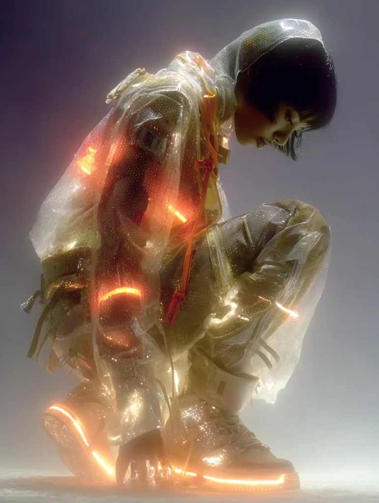 A person, seemingly a young woman, is captured in a crouched position.  She's clad in a futuristic, translucent, shimmering outfit, possibly a raincoat, adorned with orange LED accents. The clothing appears lightweight yet protective.  Her footwear is stylish and futuristic, also featuring illuminated details. The overall aesthetic is one of cyberpunk or sci-fi, with a dreamy, atmospheric quality. The setting is hazy and indistinct, focusing attention on the individual's attire and pose.