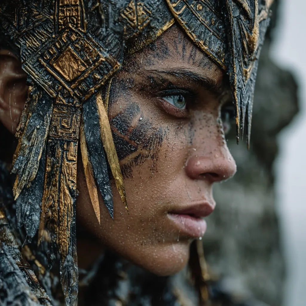 Close-up profile of a woman with dark, wet skin and elaborate gold and black headwear adorned with feathers.  Her face is partially covered in dirt or mud, and her expression is serious and intense.  The intricate details of her headdress and the texture of her skin are sharply defined.  The background is blurred, suggesting a rugged or natural setting.