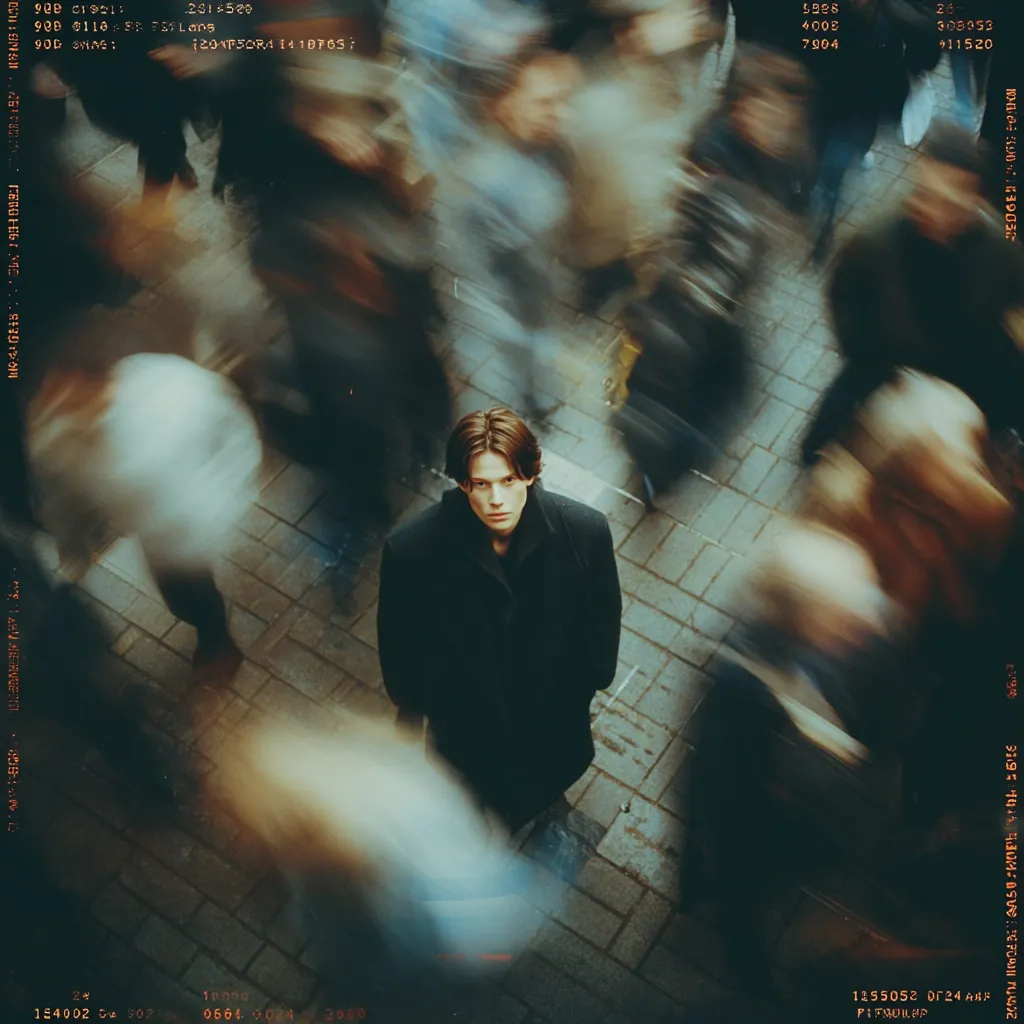 A young man with dark hair stands still, wearing a dark coat, in the center of a busy street.  The background is a blur of motion, suggesting a bustling crowd of people hurrying past. He looks directly at the camera, his expression is serious and calm, contrasting with the energetic chaos surrounding him. The image has a film-like quality with visible grain and edge markings.