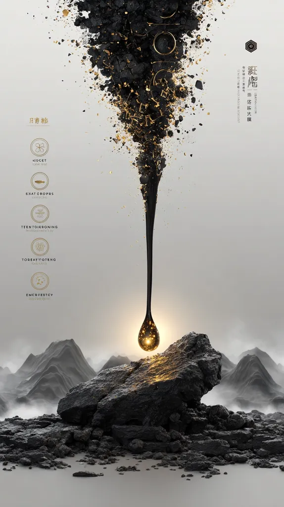 A dark, abstract image shows a single drop of liquid descending from a cloud of dark, fragmented material.  The drop glows with inner light as it nears a craggy, dark rock formation, suggesting a transformation or creation.  The background features a misty mountain range.  Several small circular icons with text are present, possibly indicating ingredients or components. The overall aesthetic is sophisticated and symbolic.