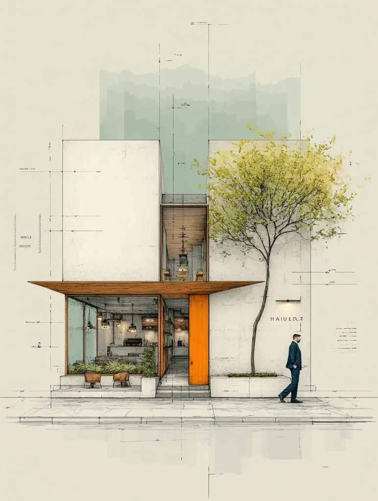 An architectural rendering showcases a minimalist, two-story building with a prominent orange door.  The ground floor features large glass windows revealing an interior cafe space. A tree stands beside the building, adding a natural element to the design.  Technical drawings overlay the image, indicating precise measurements and details. A man in a suit walks past, suggesting scale and context. The overall style is clean and modern.