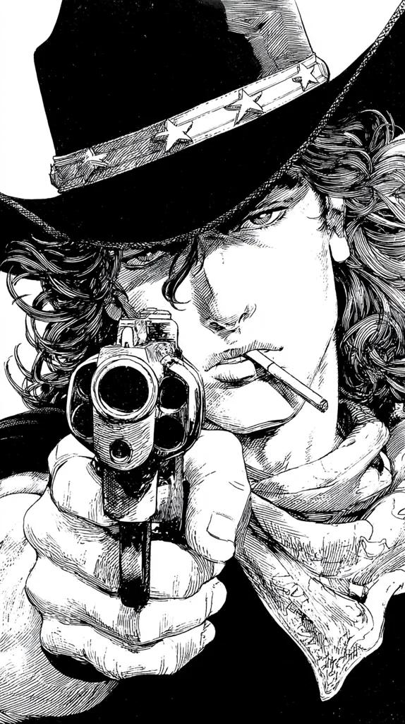 A black and white illustration depicts a man with long, dark hair, wearing a cowboy hat adorned with stars.  He holds a revolver, pointed directly at the viewer, a cigarette held between his lips. His expression is intense and serious, conveying a sense of danger and defiance. The detailed linework creates a dramatic, gritty style.