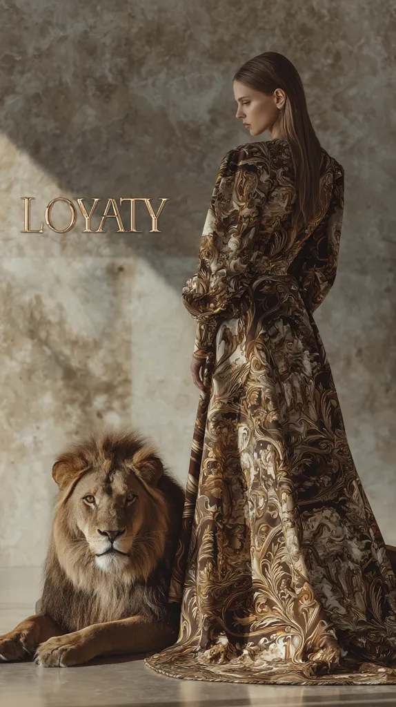 A woman in a long, ornate brown gown stands beside a majestic lion. The gown features a baroque-style print in shades of gold and brown.  The word "LOYALTY" is prominently displayed in elegant lettering above them.  The setting is a muted, textured background, suggesting a regal or historical theme. The image evokes a sense of power, grace, and unwavering companionship.
