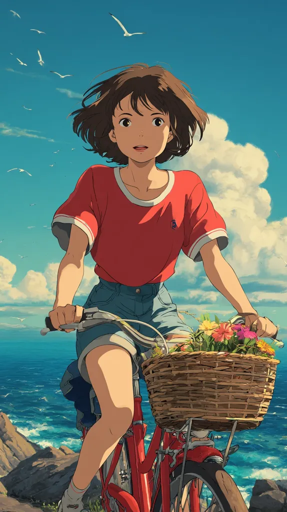 A young anime girl with short brown hair rides a red bicycle along a coastal path.  She wears a red shirt and denim shorts, a flower-filled wicker basket adorns the handlebars.  The ocean stretches behind her, a bright blue sky dotted with seagulls. The scene evokes a feeling of summer freedom and tranquility.