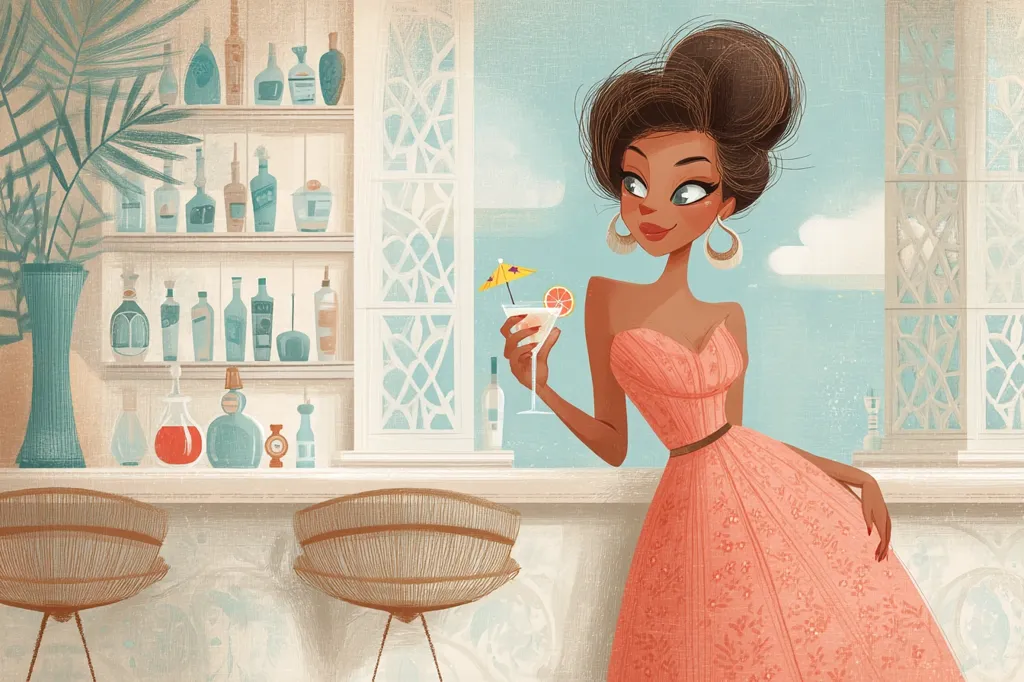 A stylish woman with dark skin and a sophisticated updo stands at a bar, holding a cocktail. She's elegantly dressed in a coral-colored, full-skirted dress. The bar's backdrop features a well-stocked liquor cabinet and a view of a light blue sky. The overall style is retro-chic with a soft, pastel color palette. The scene evokes a feeling of relaxed sophistication and summery ambiance.