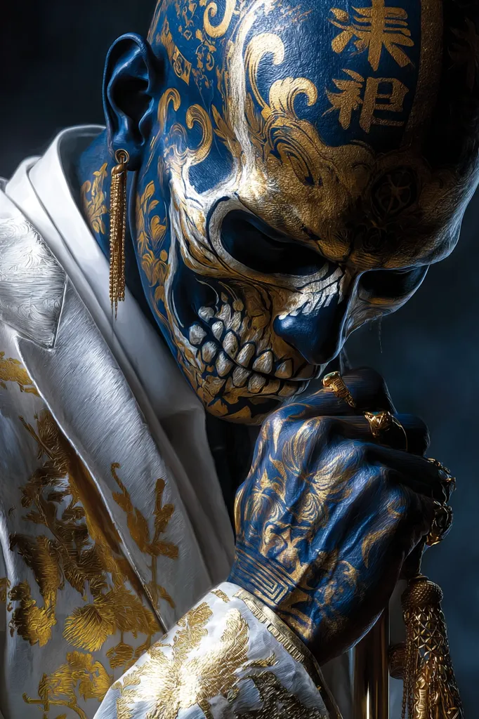 A close-up reveals a person adorned in an ornate white jacket with gold detailing.  Their face and hands are intricately painted with a skull design in shades of deep blue and gold, featuring Japanese kanji characters.  Gold jewelry, including earrings and rings, complements the striking body art. The overall effect is one of dramatic elegance and mysterious intensity.