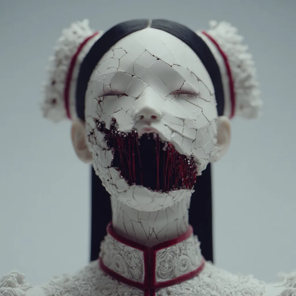A close-up reveals a porcelain doll, seemingly a young woman, dressed in a traditional white and red garment. Her face is fragmented into numerous pieces, revealing a crimson interior within the shattered mouth.  The eyes are closed, and the overall effect is one of unsettling beauty and fragility, hinting at a fractured identity or a disturbing narrative.