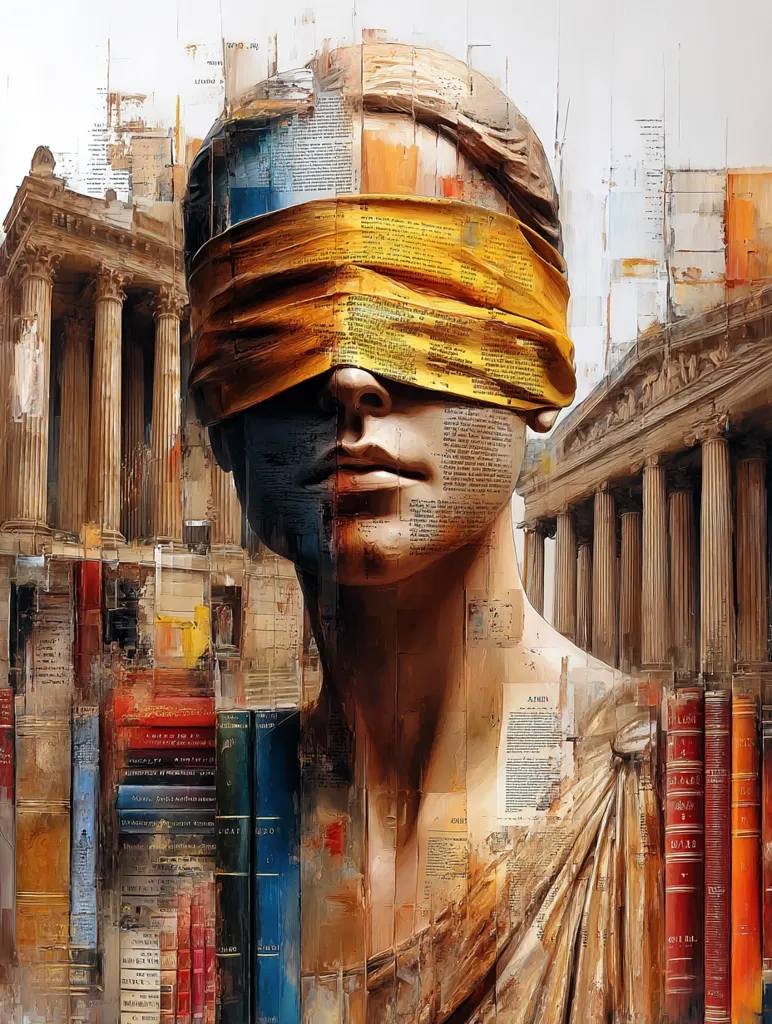 A stylized portrait of a woman, her eyes covered by a yellow blindfold composed of text fragments, is the focal point.  The background features a classical building and stacks of books, suggesting themes of justice, knowledge, and perhaps, the limitations of unbiased judgment. The painting employs a mixed-media style, blending painting and collage techniques with textured brushstrokes and layered imagery.