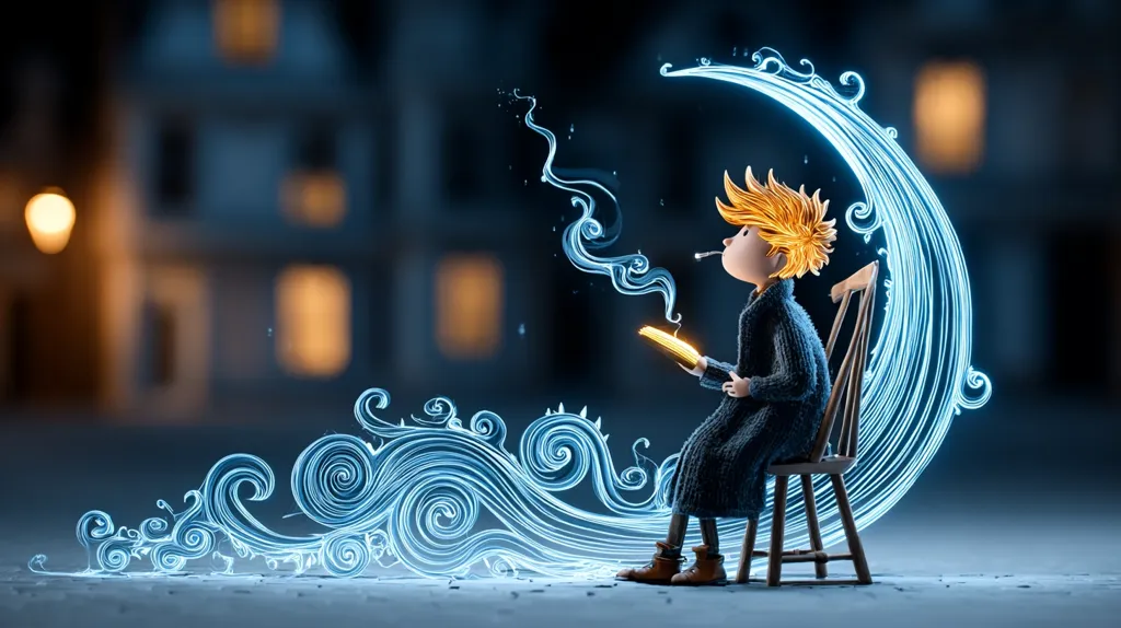 A whimsical 3D rendering depicts a boy with blonde hair seated on a wooden chair, engrossed in a glowing book.  He sits beside a crescent moon-shaped wave of ethereal blue light, exhaling smoke. The background is a softly blurred cityscape at night, creating a dreamy, contemplative atmosphere.  The scene evokes a sense of fantasy and quiet reflection.