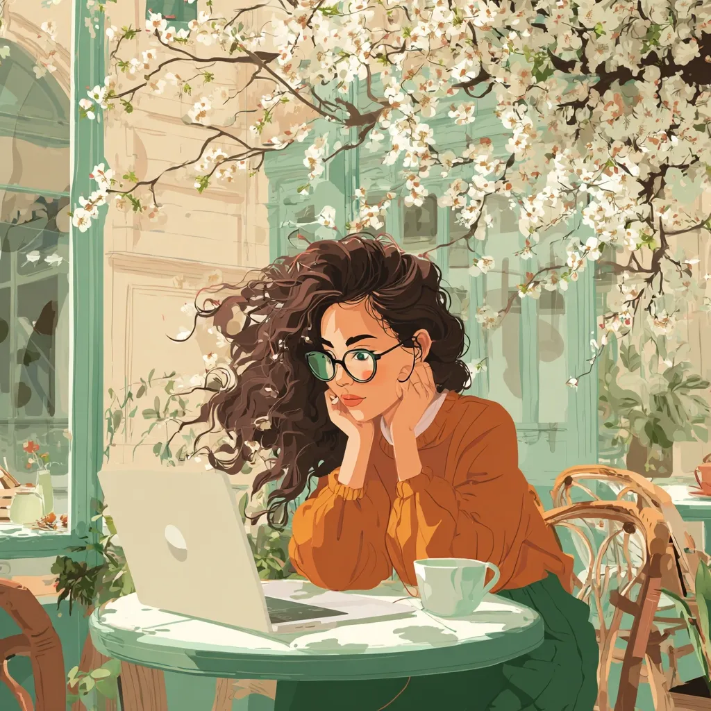 A young woman with curly brown hair and glasses sits at a quaint outdoor cafe table, working on a laptop.  She rests her chin on her hands, seemingly engrossed in her work.  A blossoming tree provides a beautiful backdrop, casting a gentle shade.  A warm, pastel color palette enhances the peaceful, springtime atmosphere.  A cup of coffee sits beside her laptop, adding to the cozy scene.