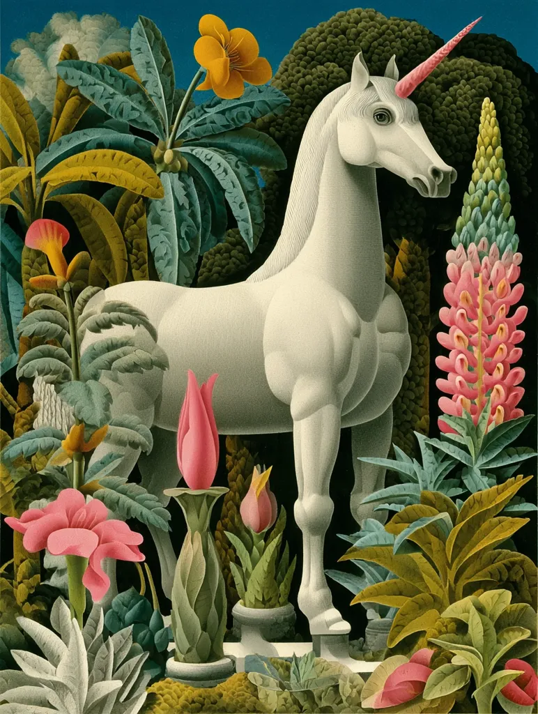 A majestic white unicorn stands serenely amidst a vibrant, lush garden.  Surrounding it are exotic plants with large, colorful blooms in shades of pink, yellow, and green.  The unicorn's horn is prominent, and its form is sculpted, contrasting with the organic shapes of the foliage.  The artwork exhibits a stylized, almost surreal, botanical aesthetic.