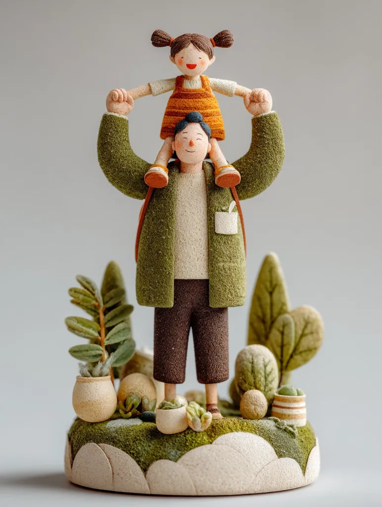 A charming handcrafted figurine depicts a father carrying his daughter on his shoulders.  The figures, with simplified features and textured clothing, are styled in a warm, earthy color palette. They stand amidst miniature plants and sculpted terrain, creating a serene and heartwarming scene. The overall style is whimsical and evocative of childlike innocence and paternal love.