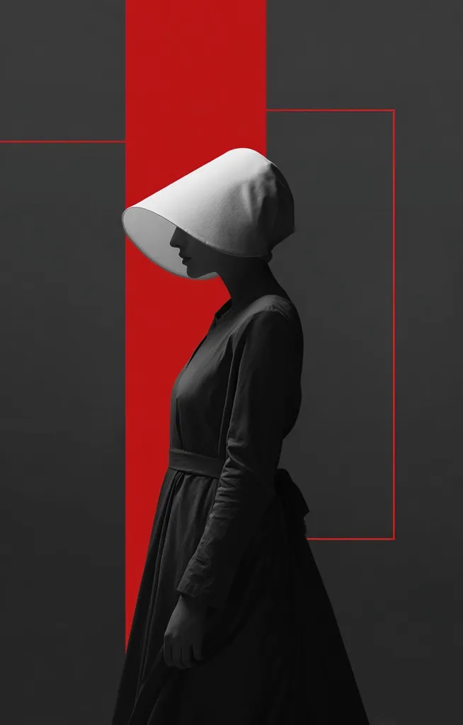 A monochromatic profile shot of a woman in a long, dark dress and white bonnet.  The stark black and white contrasts against a bold red vertical stripe and dark gray background.  The image evokes a feeling of oppression and solemnity, possibly referencing the Handmaid's Tale.  The geometric lines add to the minimalist, stylized aesthetic.