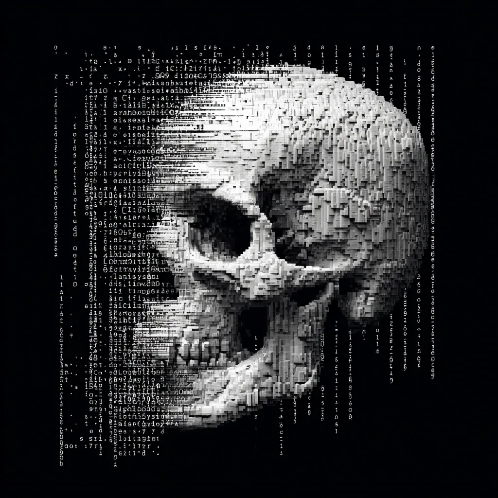 A grayscale image depicts a skull rendered in a pixelized, three-dimensional style.  The skull is partially obscured by a cascading stream of seemingly random alphanumeric characters, suggestive of computer code or data streams. The overall effect is a visually striking blend of organic form and digital abstraction, possibly representing the concept of digital death or data loss.