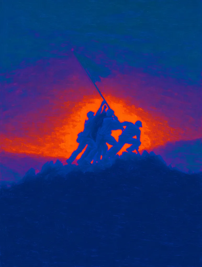 A stylized image of the Iwo Jima Memorial, silhouetted against a vibrant, fiery sunset.  The iconic scene of Marines raising the flag is depicted in dark blue against a backdrop of intense orange and red hues. The artistic rendering emphasizes the dramatic contrast between the figures and the sky, creating a powerful and memorable visual.  The overall effect is both artistic and patriotic.