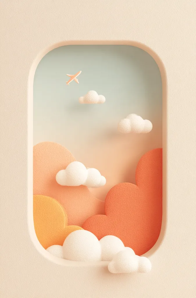 A minimalist illustration depicts a stylized sky scene viewed through an airplane window.  Pastel orange and peach-colored hills represent a sunset, contrasted by fluffy white clouds. A small airplane is visible in the light blue sky. The overall aesthetic is calm and serene, reminiscent of a child's drawing or a dreamy landscape.  The image is framed by a creamy off-white border, enhancing its simple yet captivating design.