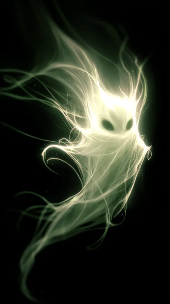 A luminous, ethereal being floats against a black background.  Its form is wispy and translucent, resembling smoke or energy, with a vaguely humanoid shape.  Two glowing eyes are visible within the brighter center of the figure.  The overall effect is otherworldly and slightly unsettling, suggesting a ghost or spirit.