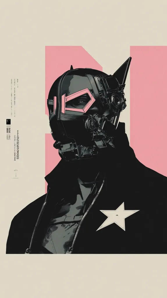 A stylized illustration showcases a figure wearing a complex, black helmet with pink accents.  The helmet is highly detailed, suggesting a technological or futuristic design.  The figure is clad in a dark jacket featuring a subtle, off-white star.  A muted color palette and clean lines create a minimalist yet striking visual. The background incorporates a contrasting pink rectangle.