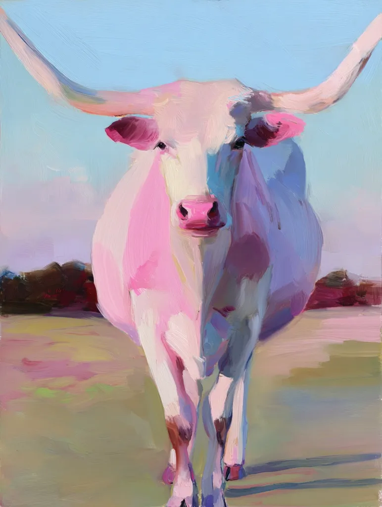 A vibrant oil painting showcases a pink Texas Longhorn cow, rendered in expressive brushstrokes.  The cow stands front and center, its large horns extending wide against a pale blue sky.  The artist employs a loose, impressionistic style, focusing on color and texture to capture the animal's presence in a pastoral setting.  The overall effect is both whimsical and striking.