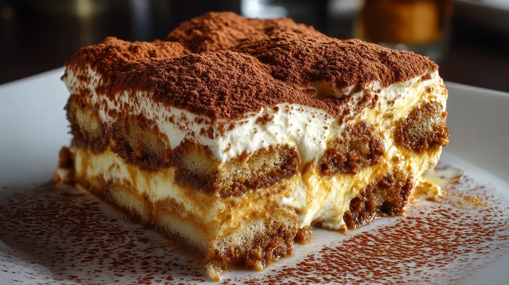 A delectable slice of tiramisu sits on a white plate, its layers of coffee-soaked ladyfingers and creamy mascarpone cheese clearly visible.  A generous dusting of cocoa powder crowns the dessert, adding a rich, dark contrast to the light cream. The texture appears soft and decadent, hinting at a delightful coffee and creamy flavor.  The surrounding plate shows a light scattering of cocoa powder.